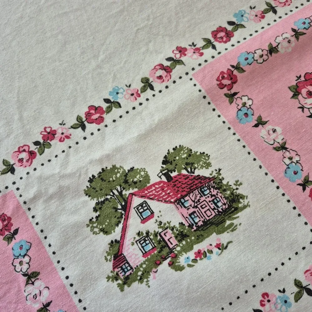 Vintage White Pink Cotton Floral Roses Cottagecore Square Tablecloth 54 x 76 IN